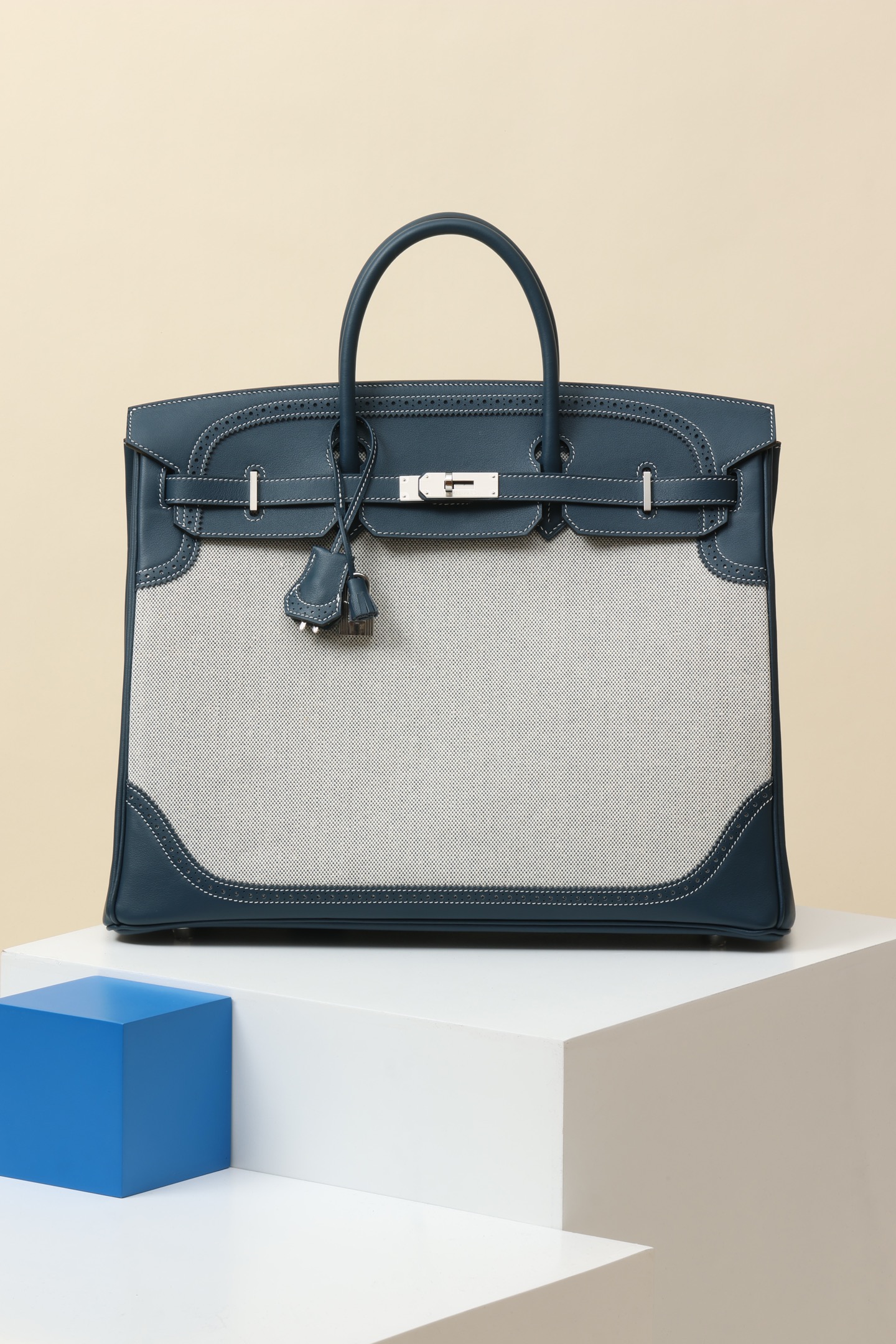 Hermès Birkin Ghillies 40 普魯士藍 Swift 皮拼帆布 銀扣