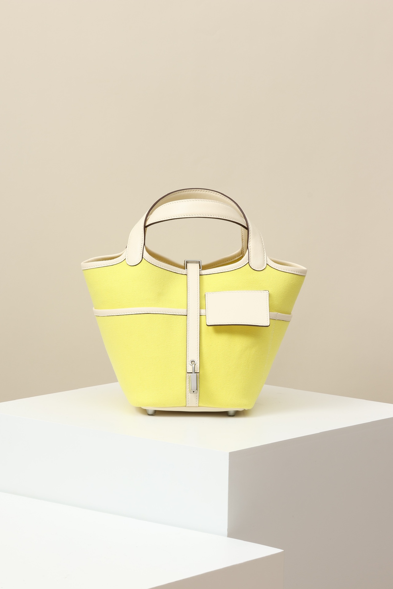 Hermès Picotin Lock 18 奶油白／檸檬橙 Swift 皮拼帆布 銀扣