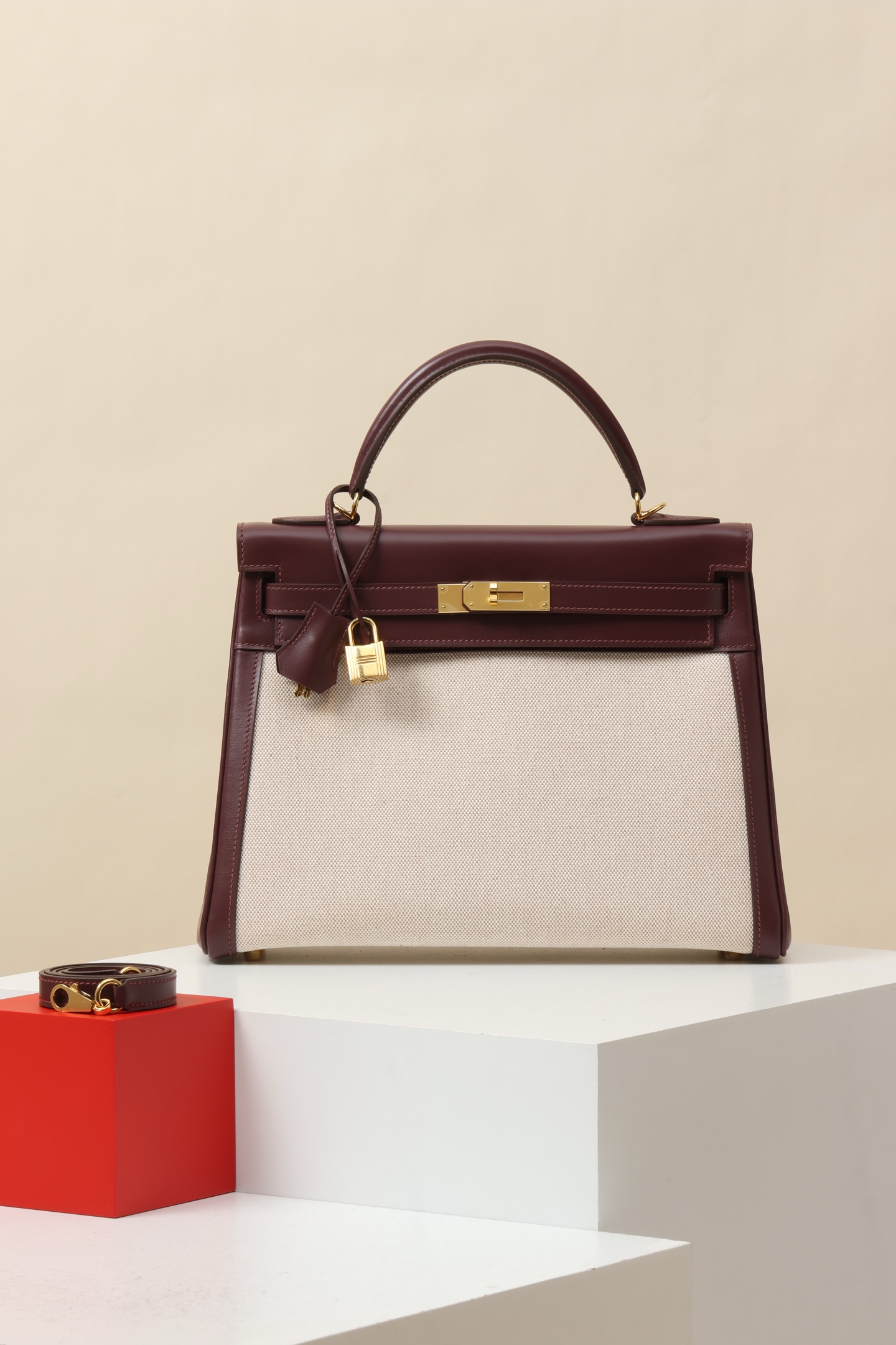 Hermès Kelly 32 波爾多紅 Box 皮拼帆布 金扣