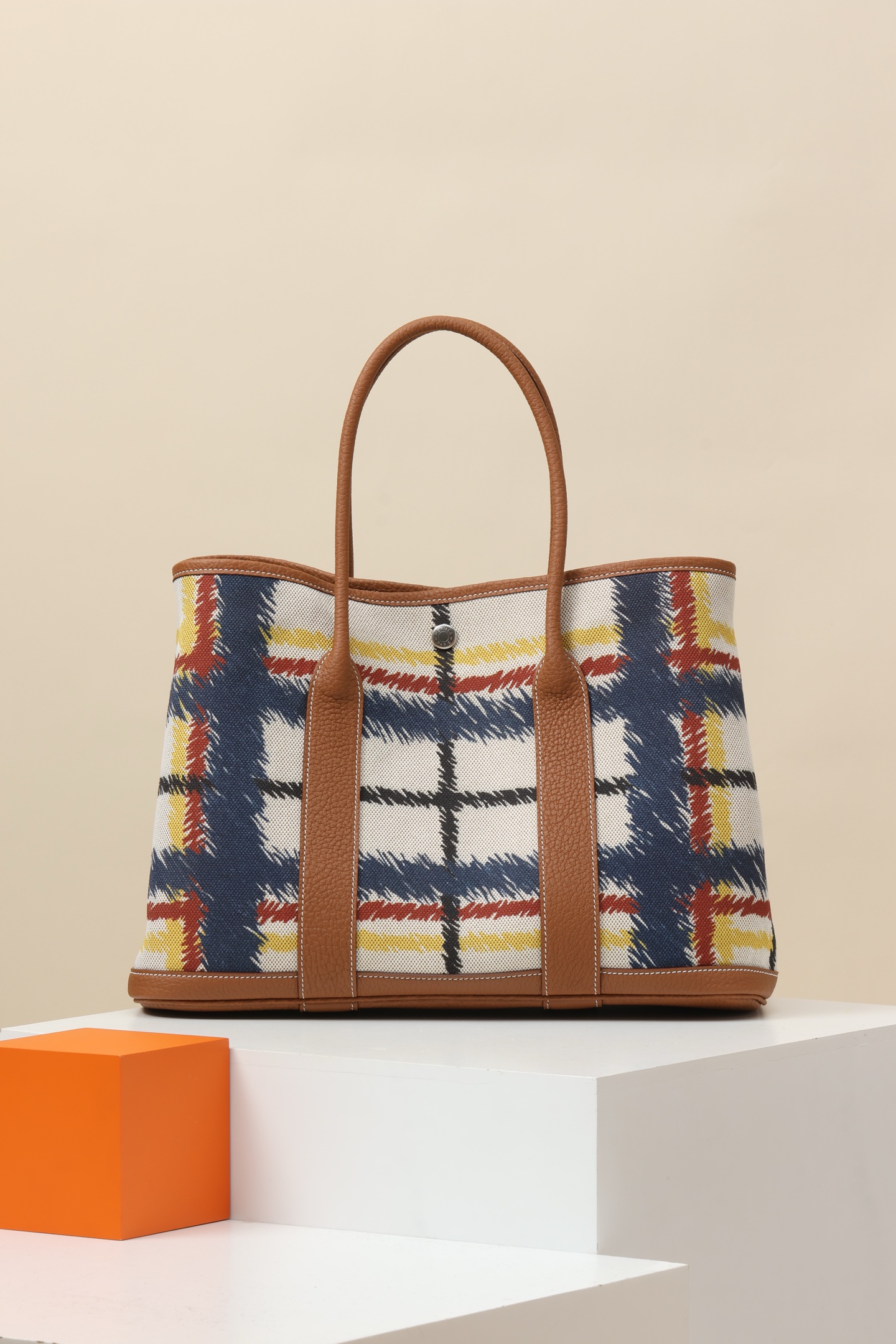 Hermès Garden Party 36 CK37 金棕 Tartan Cross 多色帆布拼 Negonda 皮 銀扣