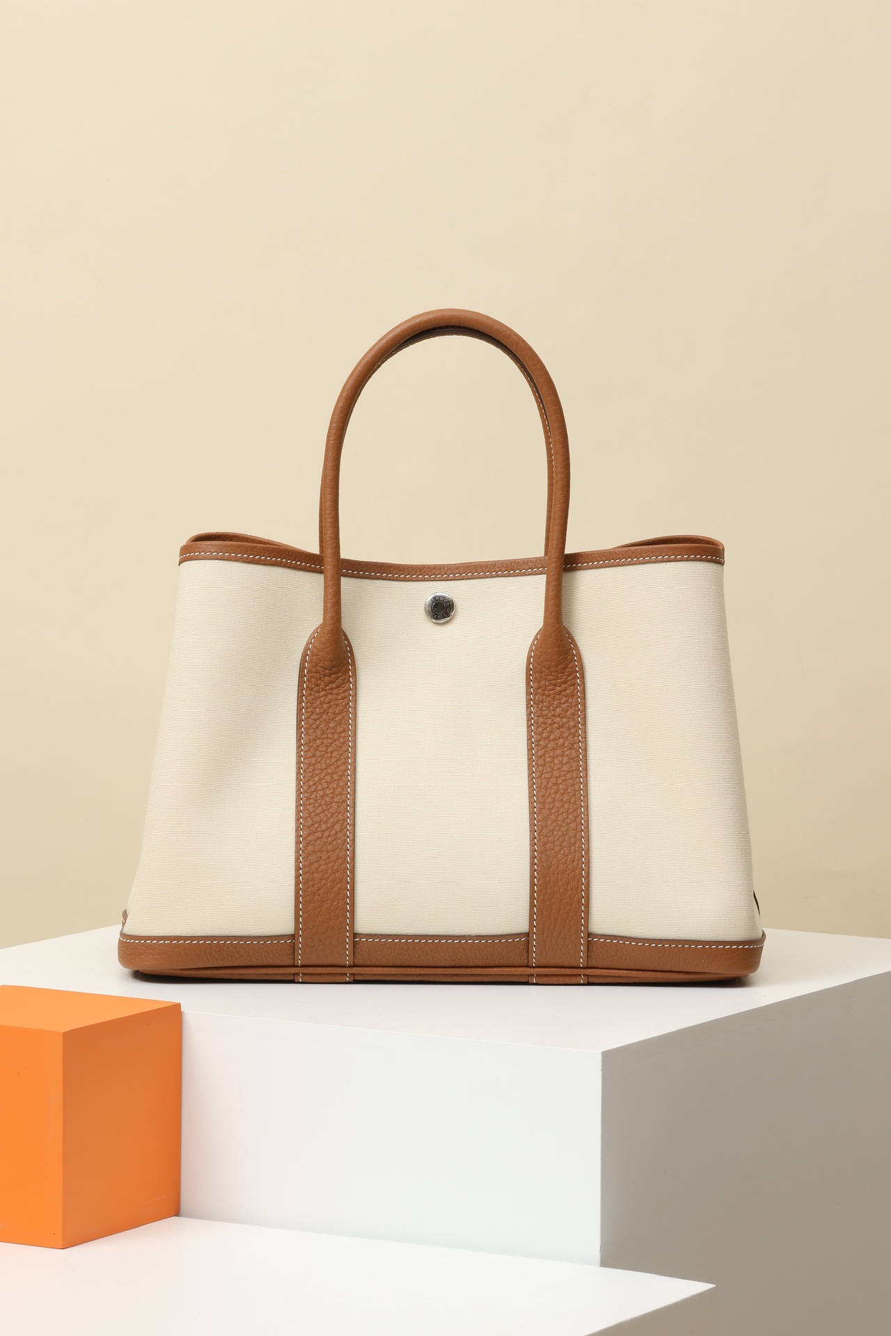 Hermès Garden Party 30 CK37 金棕／12 米白色 帆布拼 Negonda 皮 銀扣