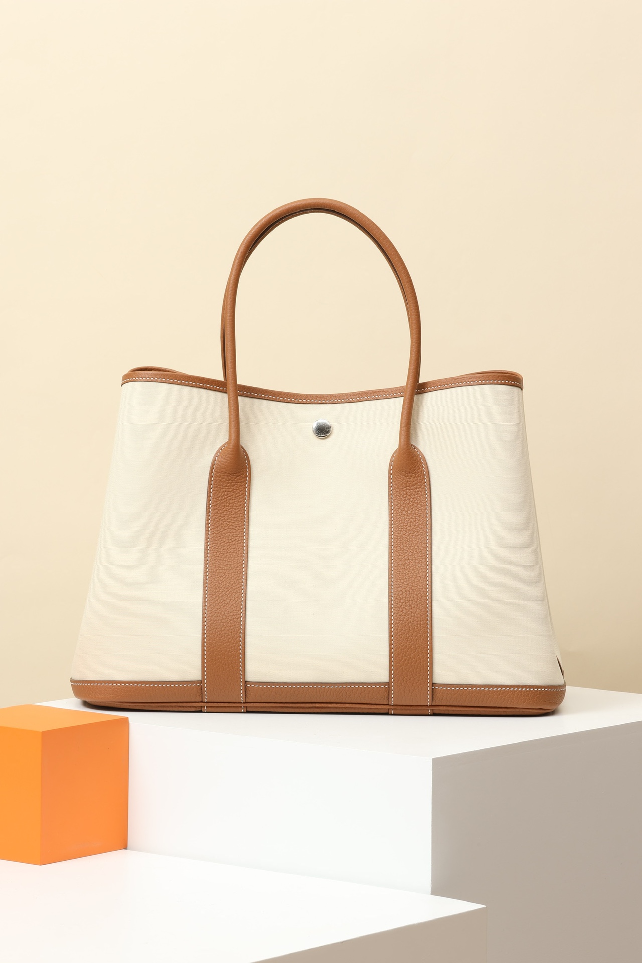 Hermès Garden Party 36 CK37 金棕／12 米白色 Negonda 皮拼帆布 銀扣