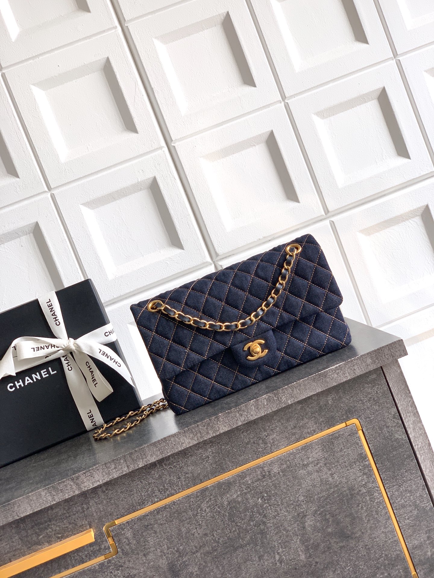 CHANEL 經典 11.12 25 深藍牛仔 復古金扣