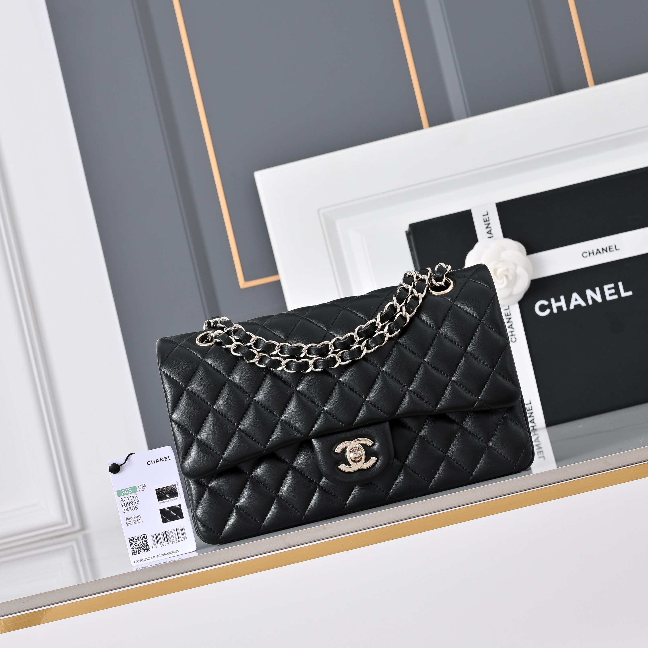 CHANEL 經典 11.12 25 黑色小羊皮 淡金扣