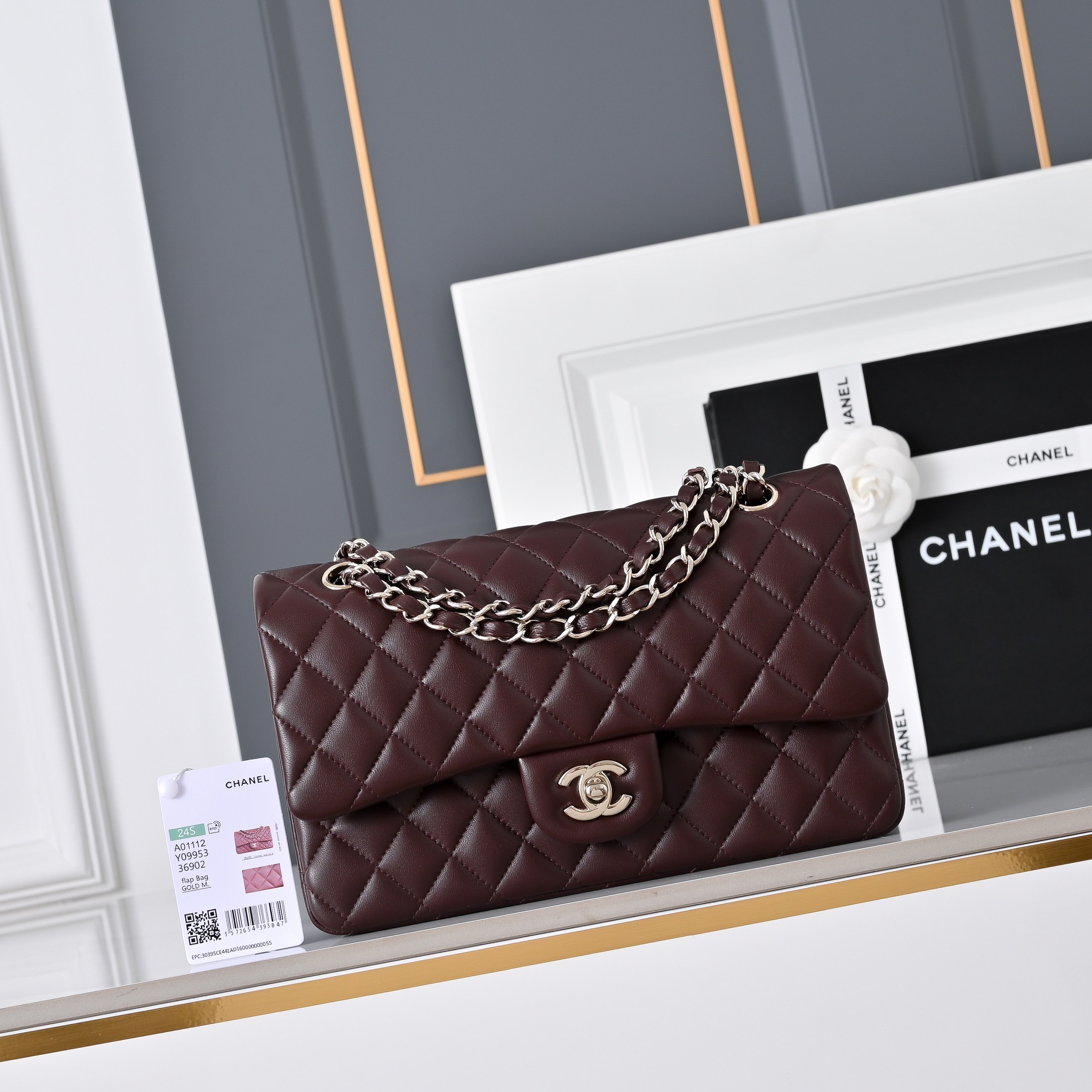 CHANEL 經典 11.12 25 酒紅色小羊皮 淡金扣