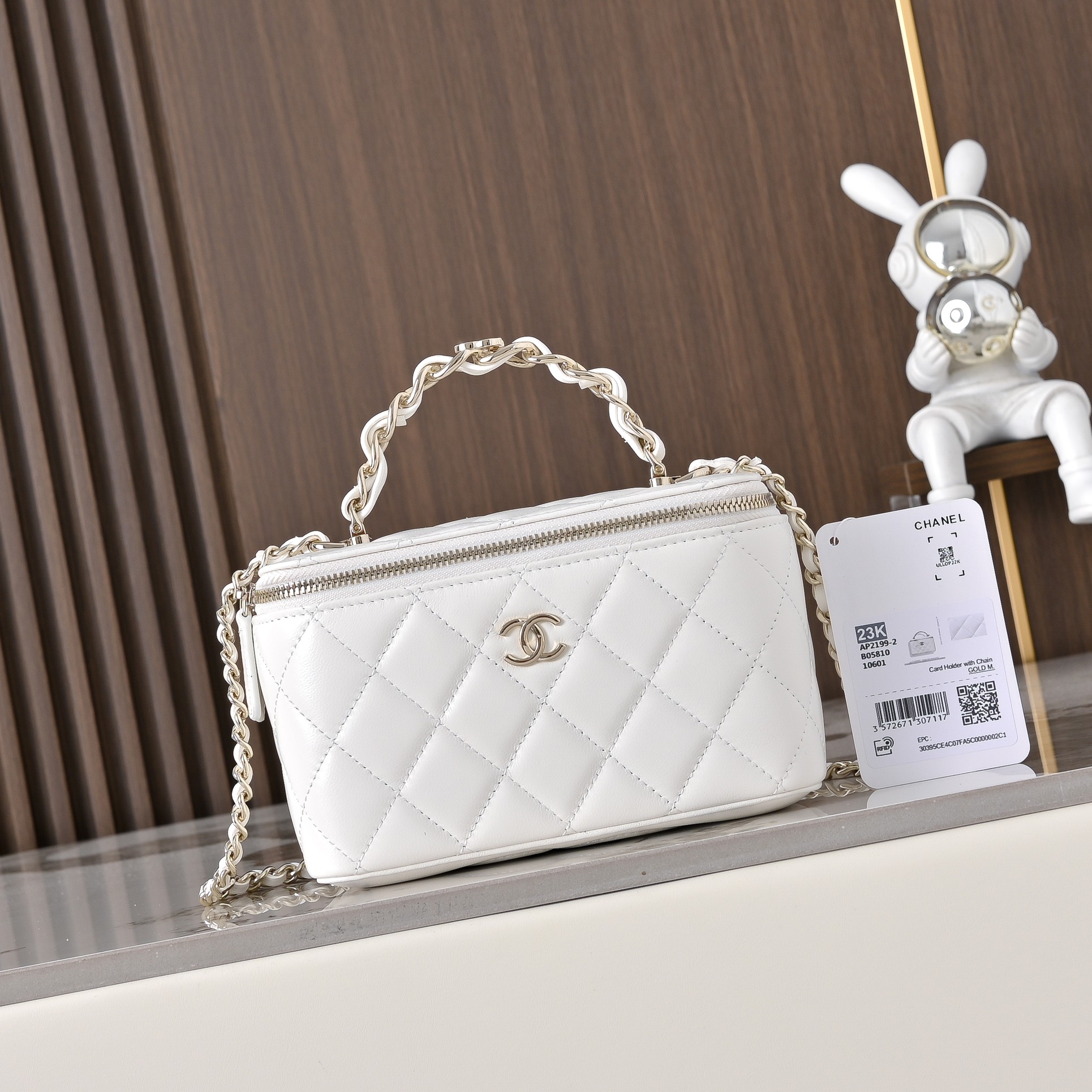 CHANEL Vanity Case AP2199 白色小羊皮 鍊條手提化妝箱 金扣